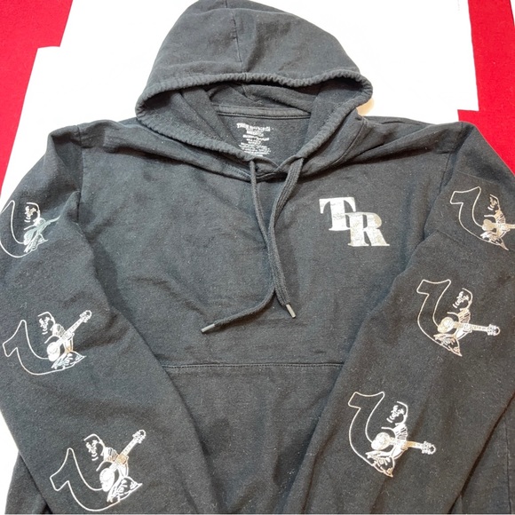 True Religion BLACK HOODIE Horseshoe Pullover Hooded SWEATSHIRT silver Graphic M - Picture 8 of 13
